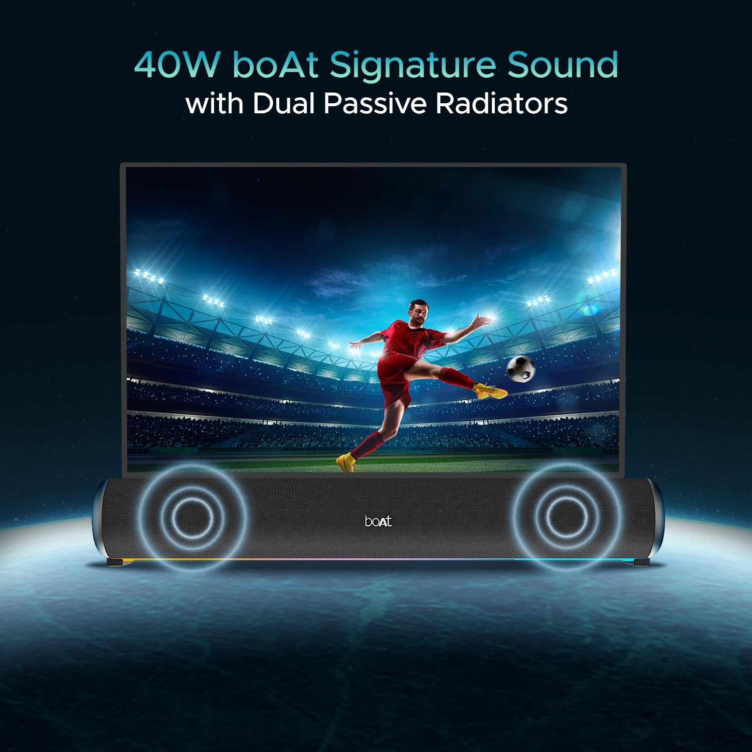 Boat Aavante Bar 950 Bluetooth Soundbar w/ 40W Signature Sound, RGB LEDs, Dual Passive Radiators, 7H Playback, TWS, Mic, BT v5.3, TF Card, AUX Port (Premium Black)