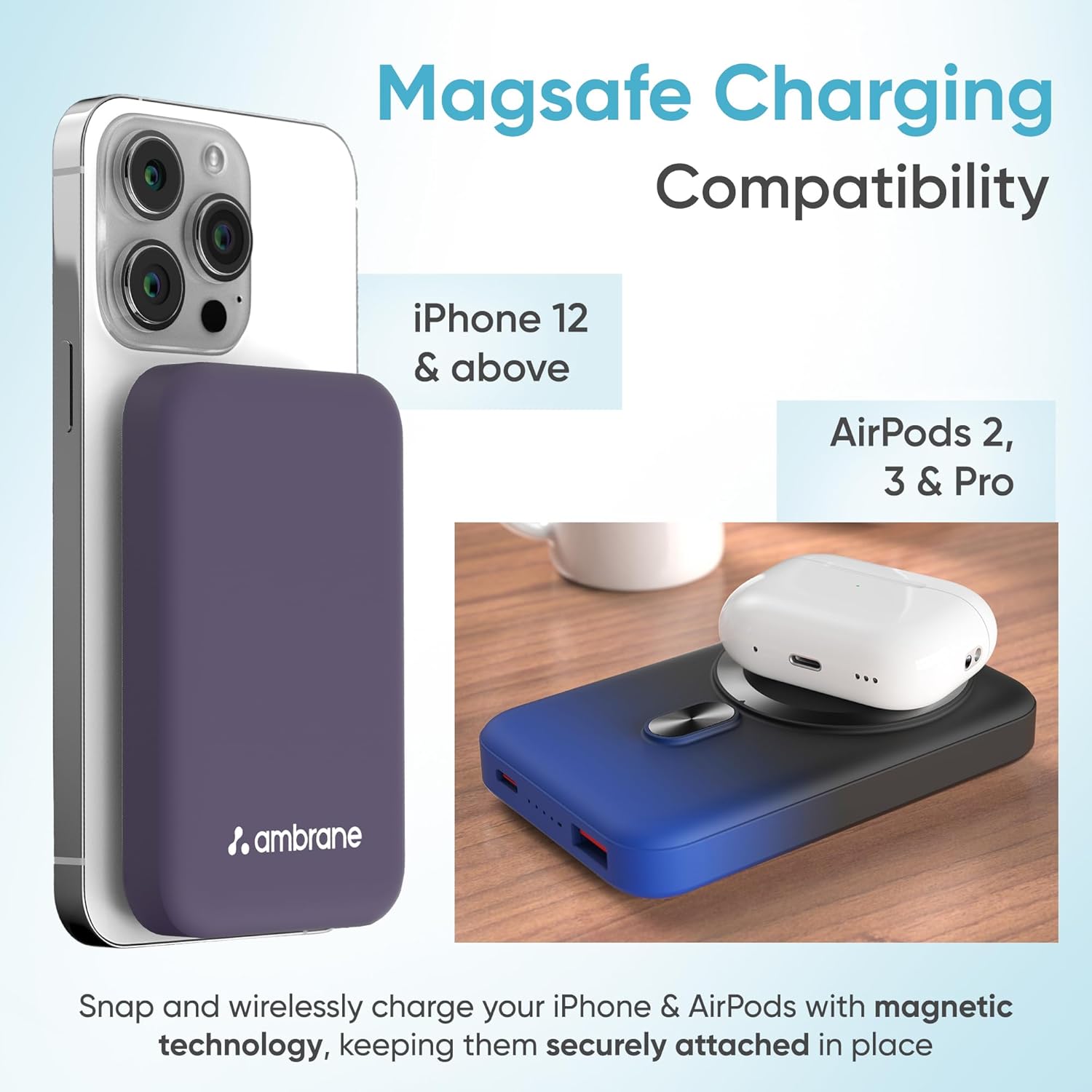 Ambrane Magsafe Wireless 10000mAh Fast Charging USB Type-C Input Power Bank