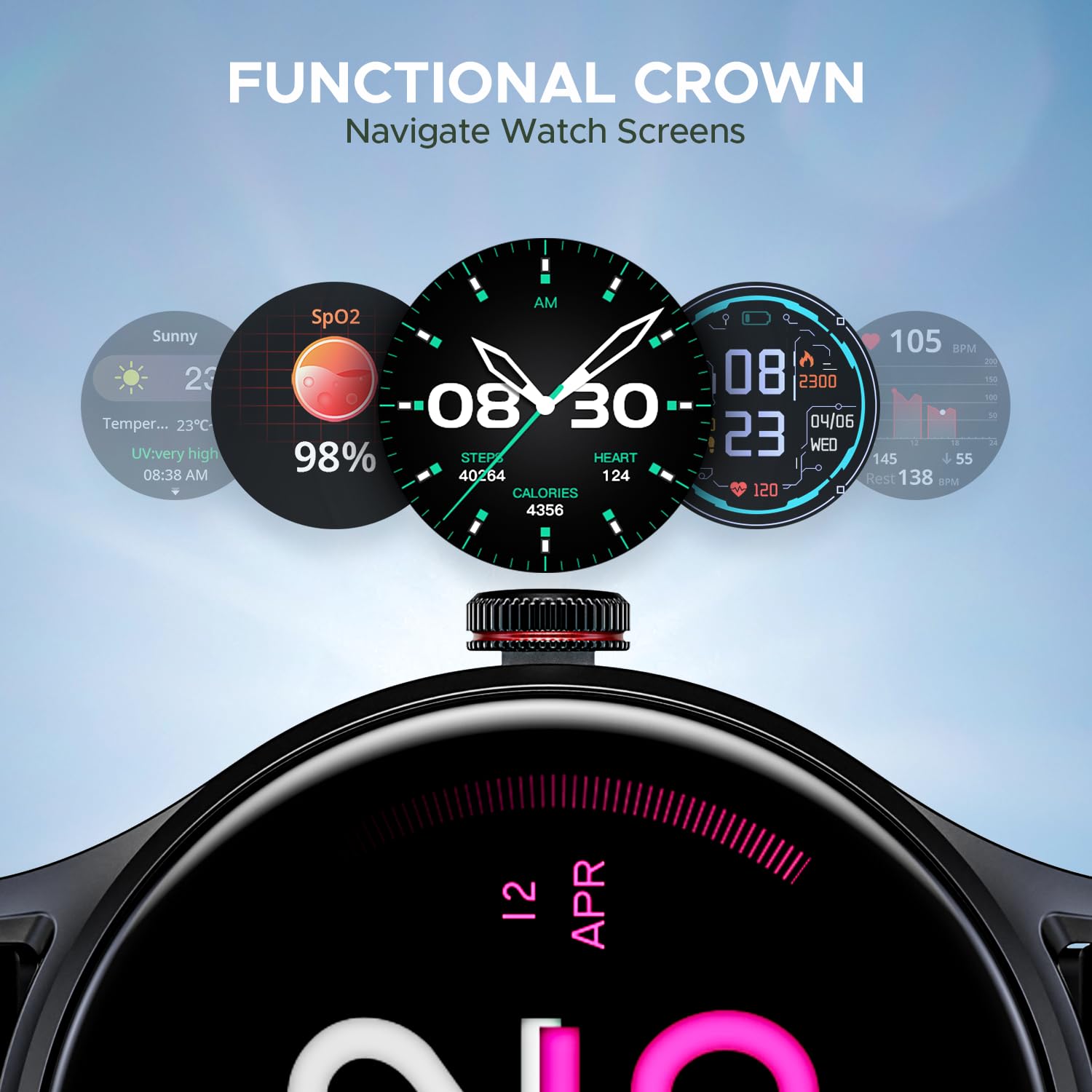 boAt Lunar Vista w/ 1.52" (3.8 cm) HD Display, Advanced Bluetooth Calling, Functional Crown, 100+ Sports Mode, Always on Display, Heart Rate & SpO2 Monitoring, Smart Watch for Men & Women (Active black)