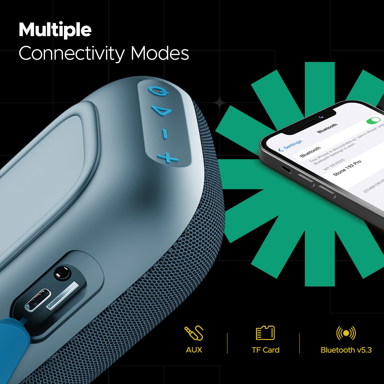 boAt Stone 193 Pro /190 Pro with 5W Signature Sound, Up to 12hrs of Playtime, TWS Feature, Built-in Mic, Bluetooth v5.3, AUX Port, TF Card Connectivity, IPX6 & Type-C Bluetooth Speaker (Raging Black)